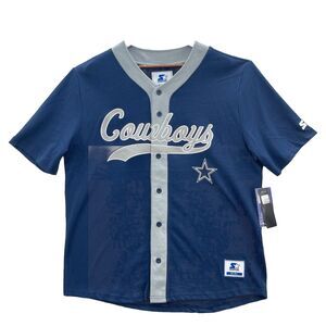 Dallas Cowboy Starter Baseball Jersey Mens L Blue Gray NFL Retro Button Up Shirt